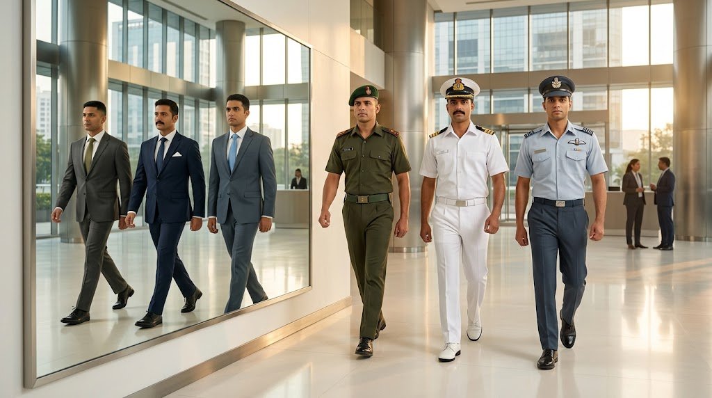 Indian Army, Navy and Air Force officers walking alongside corporate professionals — Manatattva Command to Corporate program